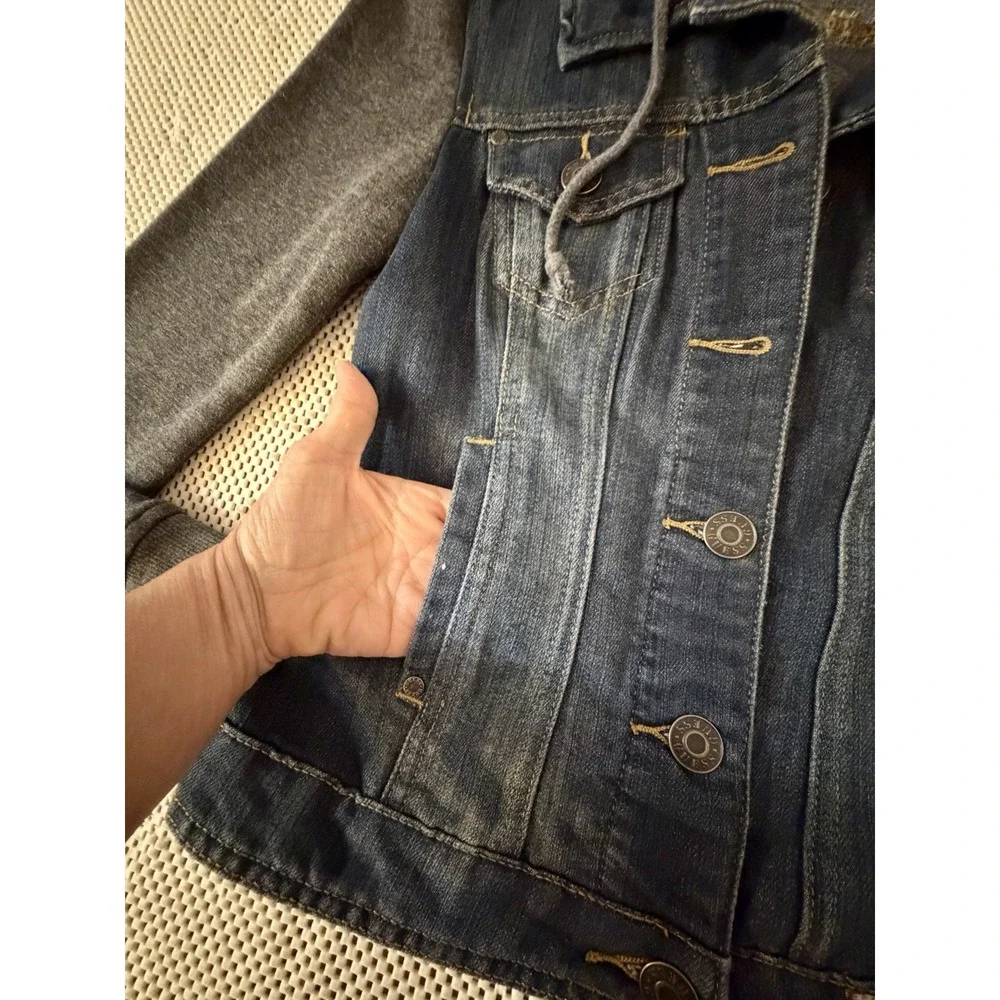 GUESS Jean Jacket Sz S/XS Denim Knit Sleeves Hood Hoodie Y2K Trucker Moto Y2K